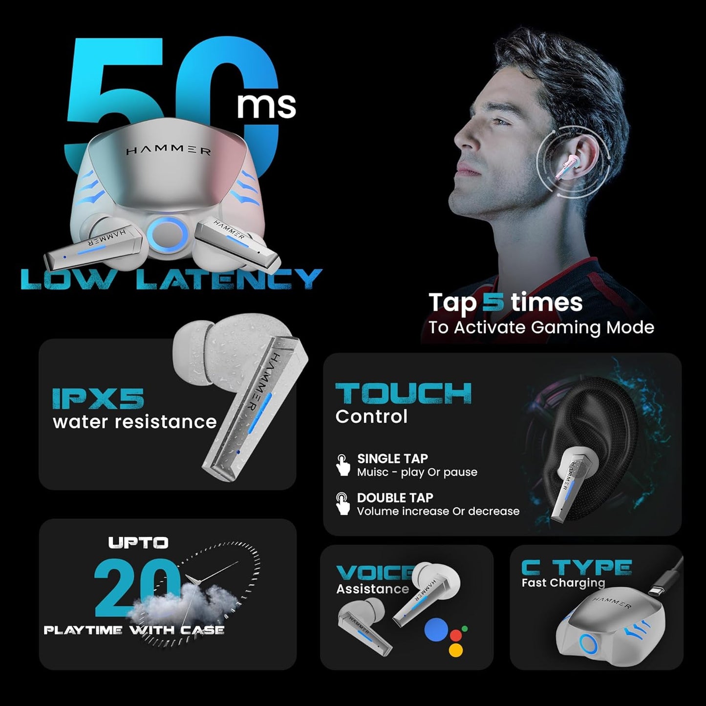 HAMMER Arcade True Wirelss Gaming Earbuds with RGB Lights, 50ms Low Latency, Type-C Charging, IPX5, Deep Bass, 20H Playtime, Bluetooth v5.3, Made in India (White)
