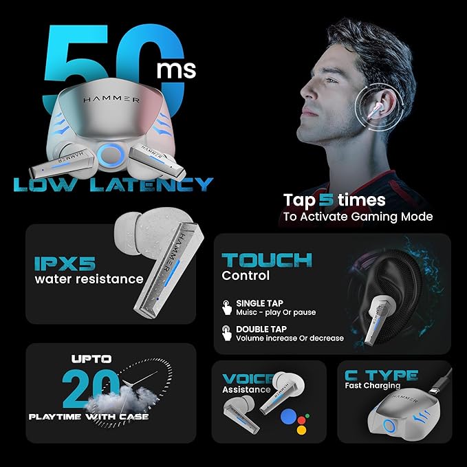 HAMMER Arcade True Wirelss Gaming Earbuds with RGB Lights, 50ms Low Latency, Type-C Charging, IPX5, Deep Bass, 20H Playtime, Bluetooth v5.3, Made in India (White)
