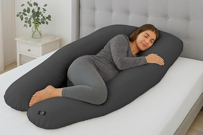 THE WOOD WHITE U-Shape Pregnancy Pillow | Full Body Maternity Support Pillow for Pregnant Women | Ergonomic Design for Side Sleepers | Comfortable and Supportive. Grey
