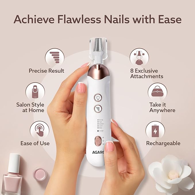 AGARO Prima Nail Drill & Polisher, Professional Nail Care at Home, Electric Nail Polisher, Manicure & Pedicure, Shape, Trim & Polish, 5 Speed, 8 Attachments, Rechargeable with Type C, Women, Men