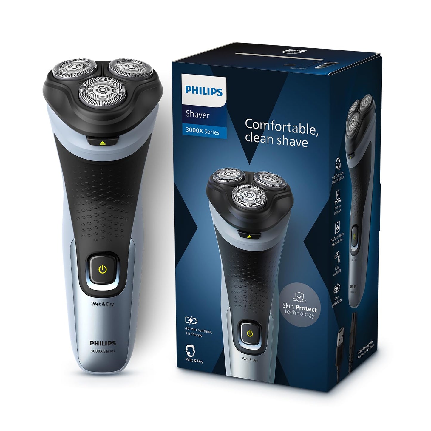 Philips Electric Shaver for Men | Comfortable Clean Shave | SkinProtect Technology | Wet and Dry Shave | 4D Flex Heads | Anti-Corrosion System | 5 Min Quick Charge | Pop-up Trimmer | Cordless | Waterproof | 2 Year Warranty | X3063/03,Blue