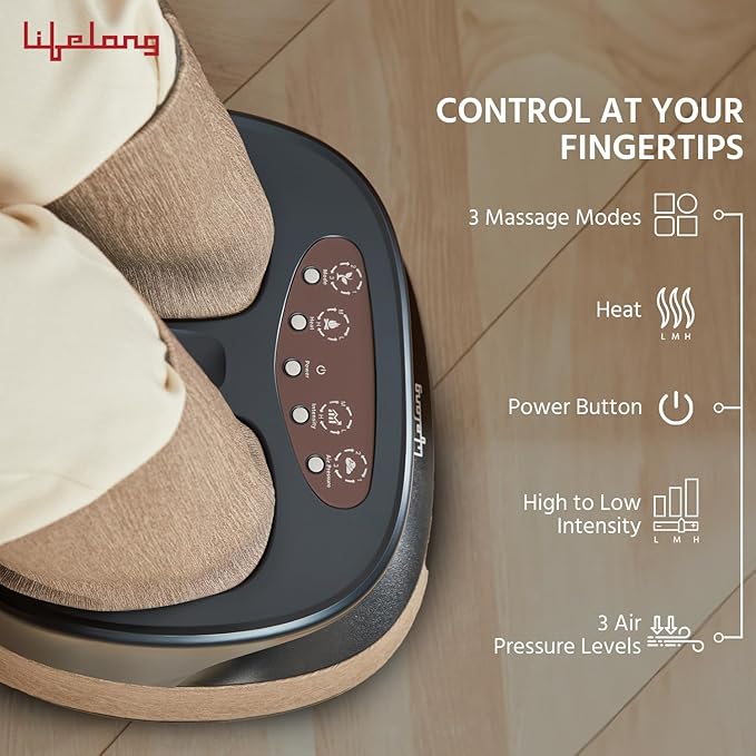 Lifelong Air Pressure Foot & Leg Massager Machine for With Heat For Home -Relaxing Shiatsu & Kneading Calf Massage with Heat & 14 Compression,6 Foot Rollers & 3 Massage Modes for Pain Relief LLM891