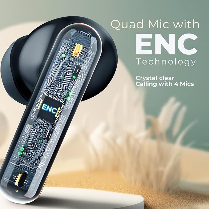 BeatXP Tune XPods Bluetooth TWS in Ear Earbuds with 50H Playtime, Quad Mic ENC Tech, Low Latency, Type C Earphone with 10mm Drivers, IPX5 Water Resistance, BT 5.3, Touch Control (Black)