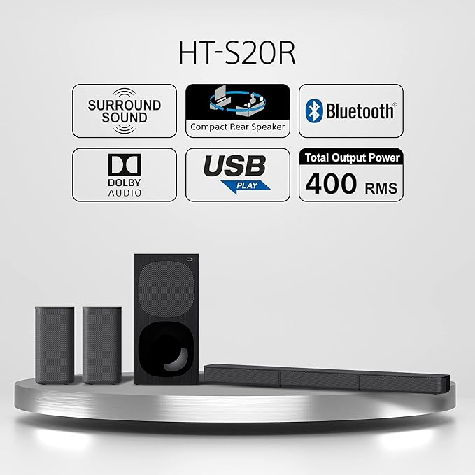 Sony HT-S20R Real 5.1ch Dolby Digital Soundbar for TV with subwoofer and Compact Rear Speakers, 5.1ch Home Theatre System (400W,Bluetooth & USB Connectivity, HDMI & Optical connectivity)