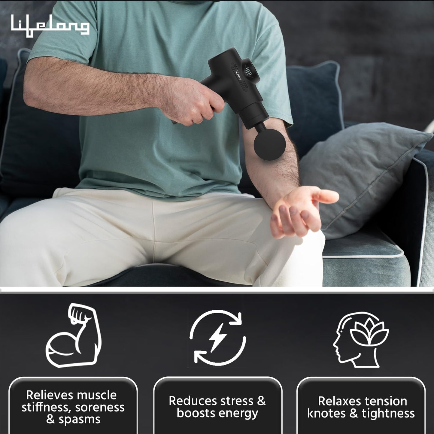 Lifelong LLGM109 Percussion Massage Gun for Pain Relief, Deep Tissue, 6 Speeds & 7 Massage Heads, Cordless, Quiet Operation for Neck, Shoulders, Back, Arms, Legs & Feet (Black)