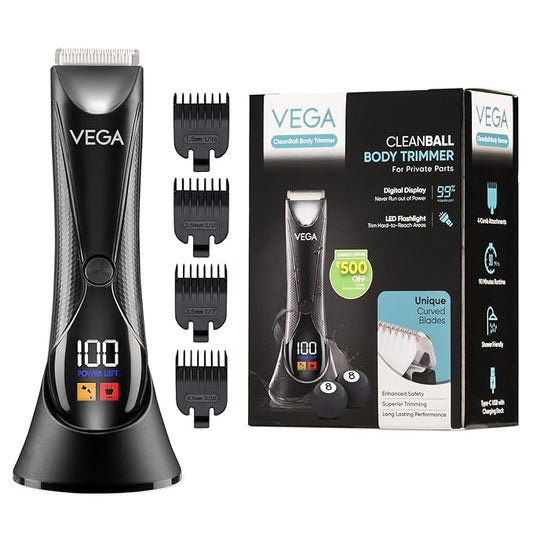 VEGA Cleanball Full Body Trimmer for Men|Private Parts,Pubic Hair, Balls,Manscaping, Body Multi-Purpose|IPX5 Waterproof|No Nicks or Cuts|90 Min Non-Stop Runtime with LED Flashlight|Fast Charge VHTH-33