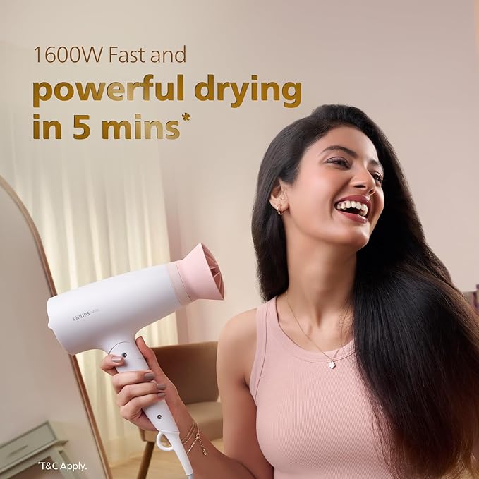 Philips Foldable Hair Dryer 1600 Watts| Powerful Salon-like Blow Drying with Less Heat | 3 Heat Settings with Cool Shot (Hot/Cool/Warm) | ThermoProtect Airflower Attachment- Pink | BHD308/30 - White | Perfect Blow Dry & Style for Men and Women