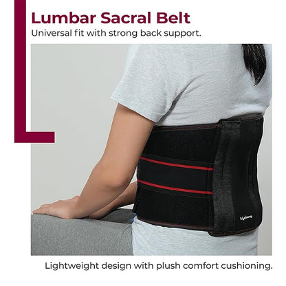 Lifelong Contoured Lumbar Sacral Belt with Hot & Cold Pack | Adjustable Elastic Straps, 4 Metallic Splints & Strong Back Support | Free Size, Breathable Sweat-Free Fabric for Pain Relief & Posture (LLOBS06)