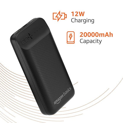 Amazon Basics 20000mAh 12W Lithium-Polymer Power Bank | Dual Input, Dual Output | Black, Type-C Cable Included