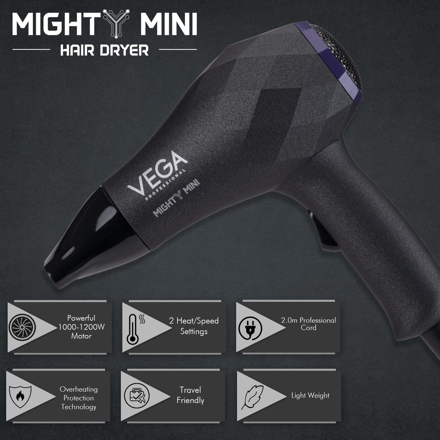 VEGA PROFESSIONAL Mighty Mini 1000W Hair Dryer for Men & Women with 2 Heat/Speed Settings and Tourmaline Technology, Black (VPVHD-05)