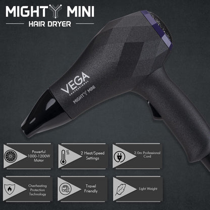 VEGA PROFESSIONAL Mighty Mini 1000W Hair Dryer for Men & Women with 2 Heat/Speed Settings and Tourmaline Technology, Black (VPVHD-05)