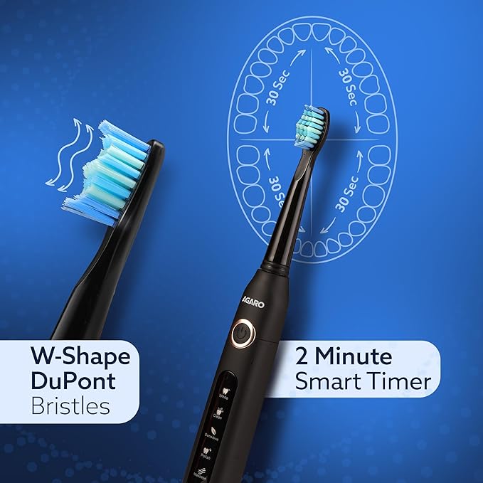 AGARO COSMIC PLUS Sonic Electric Tooth Brush For Adults With 5 Modes, 5 Brush Heads, 1 Interdental Head, Carry Case & Rechargeable With 4 Hours Charge Lasting Up To 25 Days, Power Toothbrush, (Black)