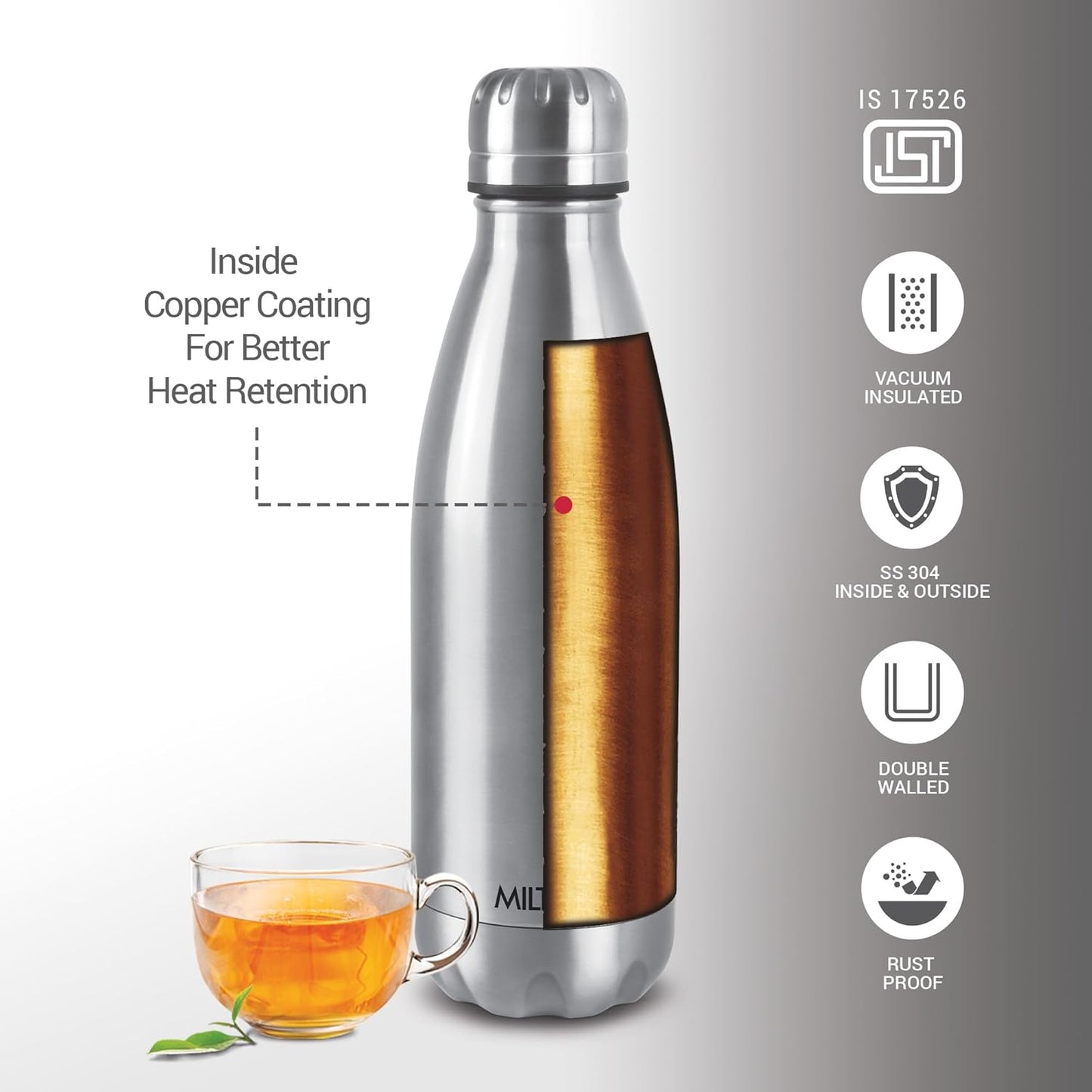Milton Duo DLX 1800 Thermosteel Water Bottle 1700 ml, 24 Hr Hot and Cold I Leak Proof Lid, ISI Certified I Vacuum Insulated I for Office, Gym, School I Silver
