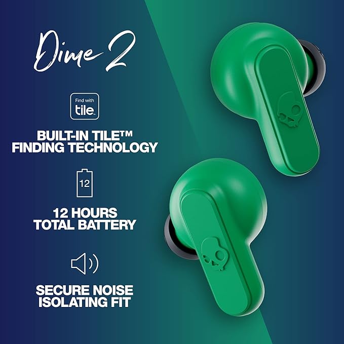 Skullcandy Dime 2 in-Ear Wireless Earbuds, 12 Hr Battery, Microphone, Works with iPhone Android and Bluetooth Devices (Dark Green)