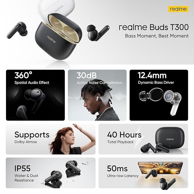 realme Buds T300 TWS Earbuds with 40H Play time,30dB ANC, 360° Spatial Audio with Dolby Atmos, 12.4 mm Dynamic Bass Boost Driver, IP55 Water & Dust Resistant, BT v5.3 (Stylish Black)