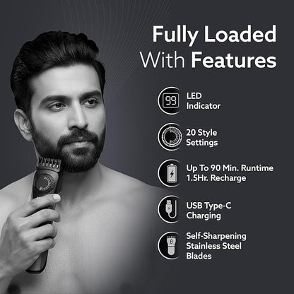 AGARO Beard Trimmer, Cordless Electric Beard Trimmer with Precision Dial, USB Rechargeable, 20 Length Settings Mustache Trimmer for Mens Gifts MT2525