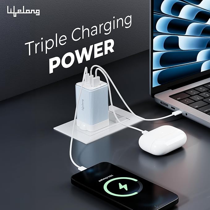 Lifelong Electronics 65W Super Fast GaN Charger PD Technology | 1 USB A + 2 Type C Ports | iPhone 17/16/15/14 (Including Pro Max), Android, Samsung | Laptops - MacBook, Dell, HP, Lenovo, Acer, ASUS