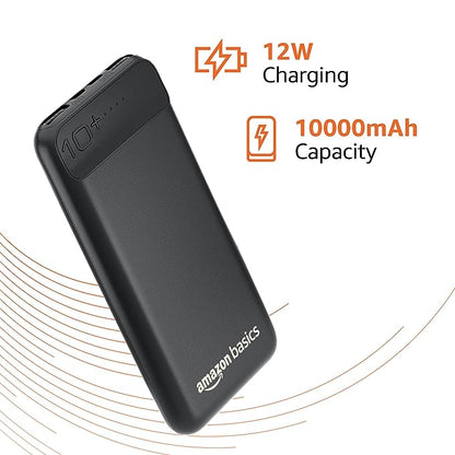 amazon basics 10000mAh 12W Lithium-Polymer Power Bank | Dual Input, Dual Output | Black, Type-C Cable Included