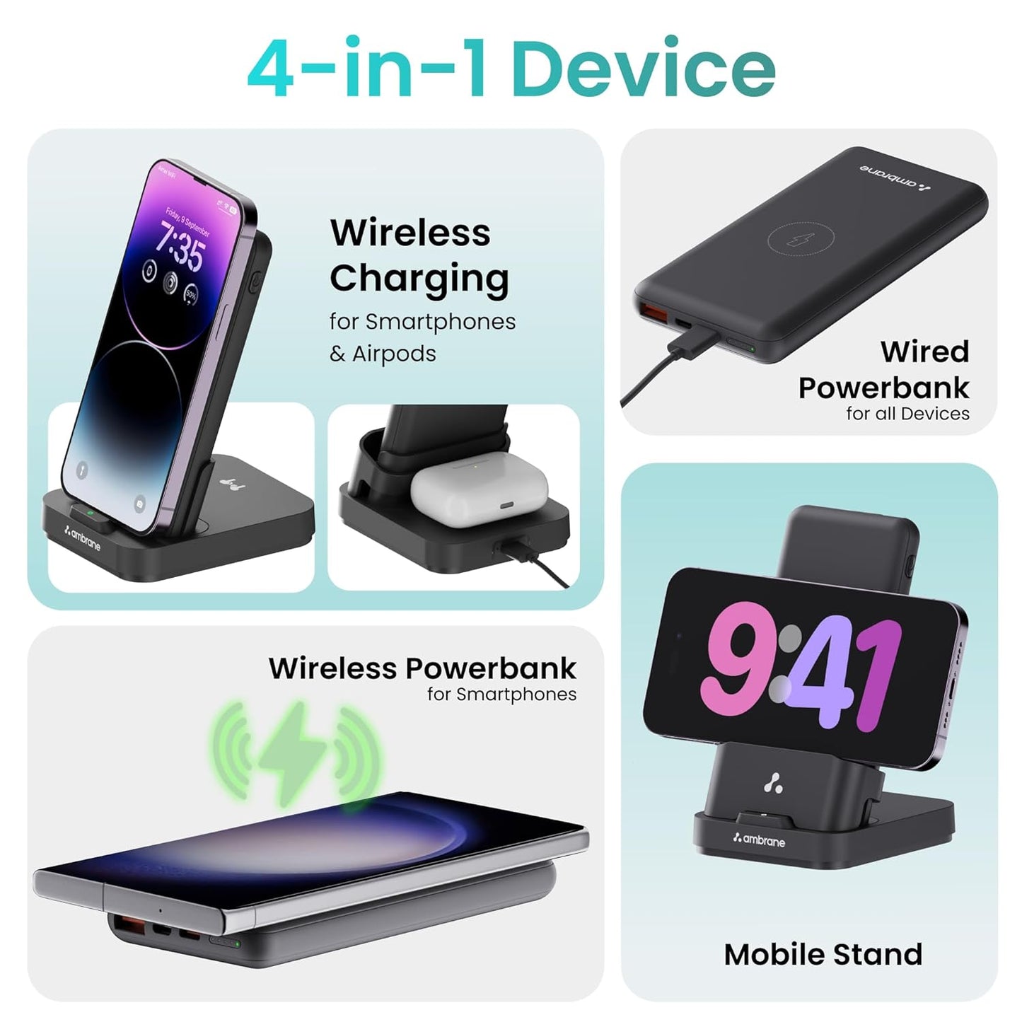 Ambrane 4 in 1 Wireless Charging 10000mAh Power Bank 15W Fast Charging, USB & Type C Output, Power Delivery, Quick Charge for iPhone, Android & Other Devices (Aerosync Quad, Black)