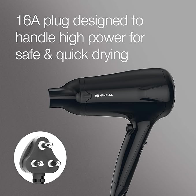 Havells HD3162 Men's 1565 Watts Powerful Hair Dryer with Thin Concentrator and Cool Shot Button; Heat Balance Technology (Black)