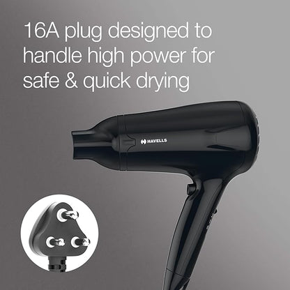 Havells HD3162 Men's 1565 Watts Powerful Hair Dryer with Thin Concentrator and Cool Shot Button; Heat Balance Technology (Black)