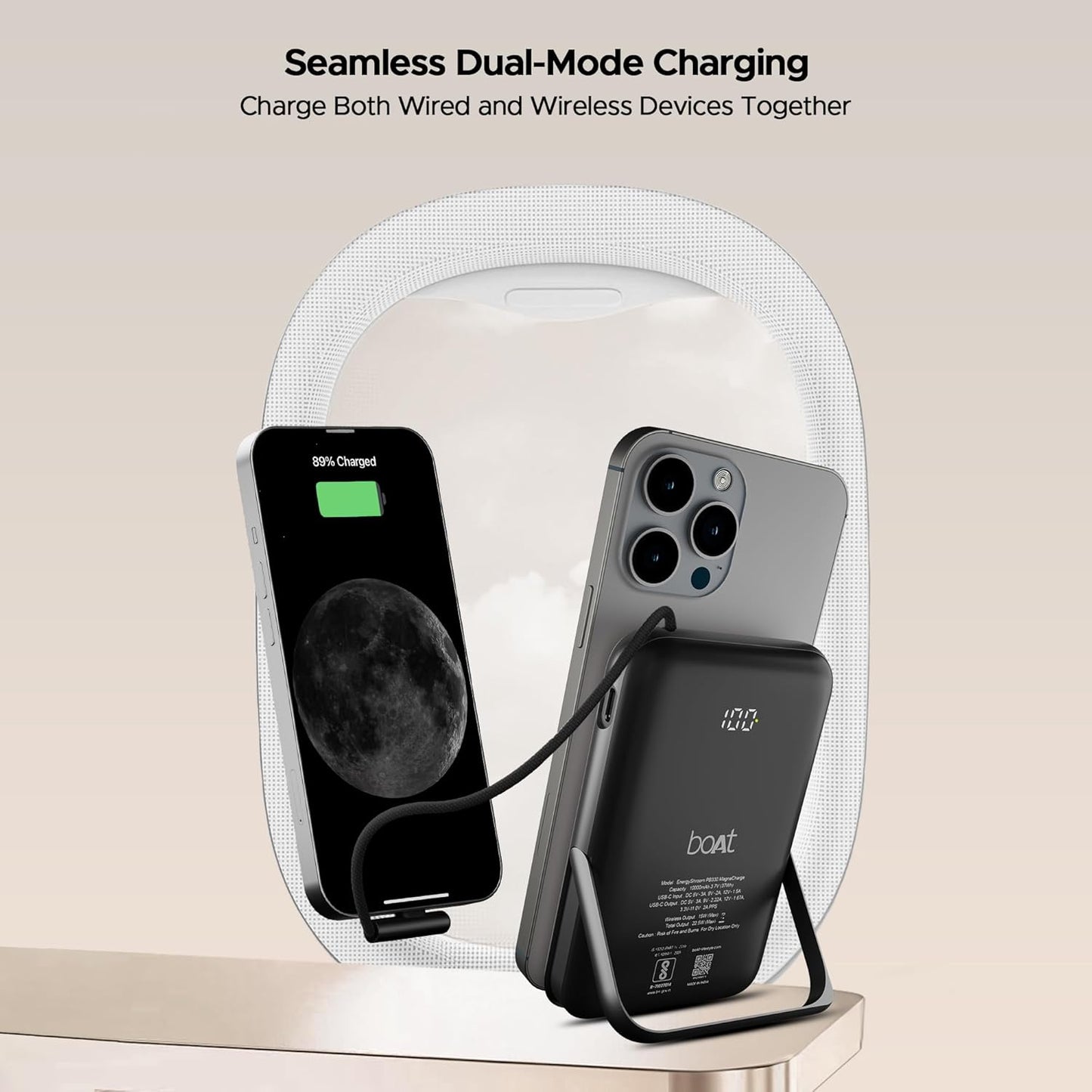 boAt Energyshroom PB330 MagnaCharge 10000 mAh Magnetic Wireless Power Bank w/ 15W Wireless Charging, Metal Stand,Magnacharge Ring for iPhone and Android Phones w/Wireless Charge(Black)