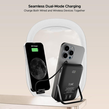 boAt Energyshroom PB330 MagnaCharge 10000 mAh Magnetic Wireless Power Bank w/ 15W Wireless Charging, Metal Stand,Magnacharge Ring for iPhone and Android Phones w/Wireless Charge(Black)