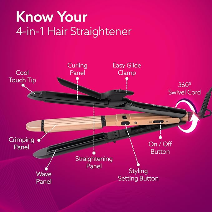 AGARO 4 in1 hair Straightener,Wavy Hair, Crimper, Curler, Hair Styler, Keratin Infused Ceramic Coated Plate, Variable Style Settings, Hair Styling, Black & Rose Gold, HS1719 (Black)