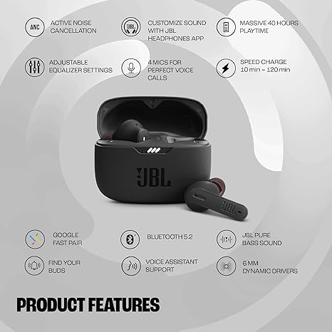 JBL Tune 235NC in Ear Wireless ANC Earbuds (TWS), Massive 40Hrs Playtime with Speed Charge, Customizable Bass with Headphones App, 4 Mics for Perfect Calls, Google Fast Pair, Bluetooth 5.2 (Black)