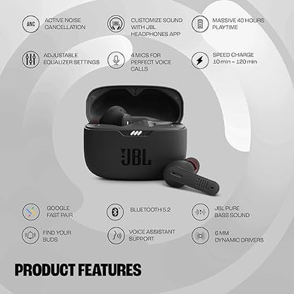 JBL Tune 235NC in Ear Wireless ANC Earbuds (TWS), Massive 40Hrs Playtime with Speed Charge, Customizable Bass with Headphones App, 4 Mics for Perfect Calls, Google Fast Pair, Bluetooth 5.2 (Black)