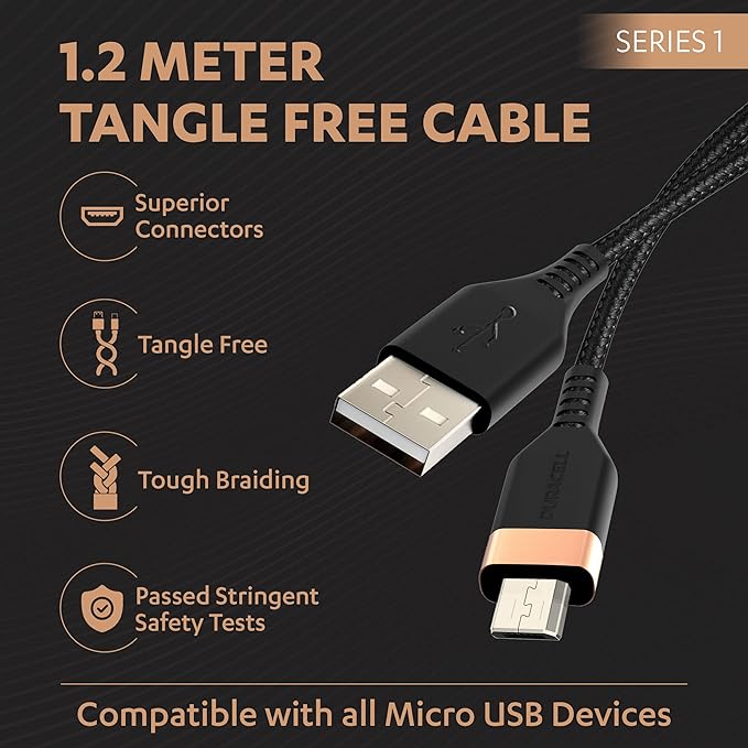 Duracell USB A to Micro Cables, 2A Braided Sync & Quick Charging Cable, 3.9 Feet (1.2M), Supports QC 2.0/3.0 Charging, Rapid Data Transmission, Series 1, Black