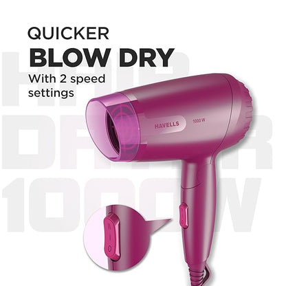 Havells 1000W Foldable Hair Dryer|Blow Dry for Men & Women|2 Temperature Settings|Travel Friendly|360° Radial Inlet| ThermoProtect Feature| HD1845