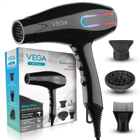 VEGA Blow Pro 2200-2400 Watts Hair Dryer With Comb,Concentrator&Diffuser Nozzles,2 Speed&4 Heat Settings,With Cool Shot,Cut-Off,Hair Dryer&Blow Dryer For Men&Women,1 Year Warranty (VHDP-05),Black