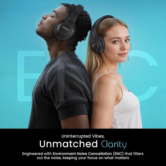 HAMMER Vibe ENC Bluetooth Headphone, 40mm Driver, Dual Pairing, 60hrs Playtime, Voice Assistant, BT V5.4, Game Mode, Soft Cushions, Lightweight Headphones for Music, Gaming and Calls (Black)
