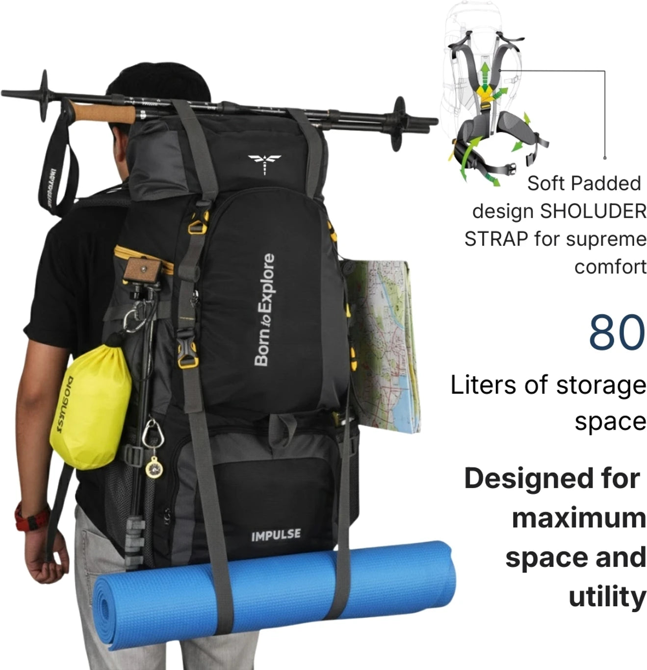 IMPULSE 80 Litres Curve Water Resistant Tour Travel Rucksack  - 80 L