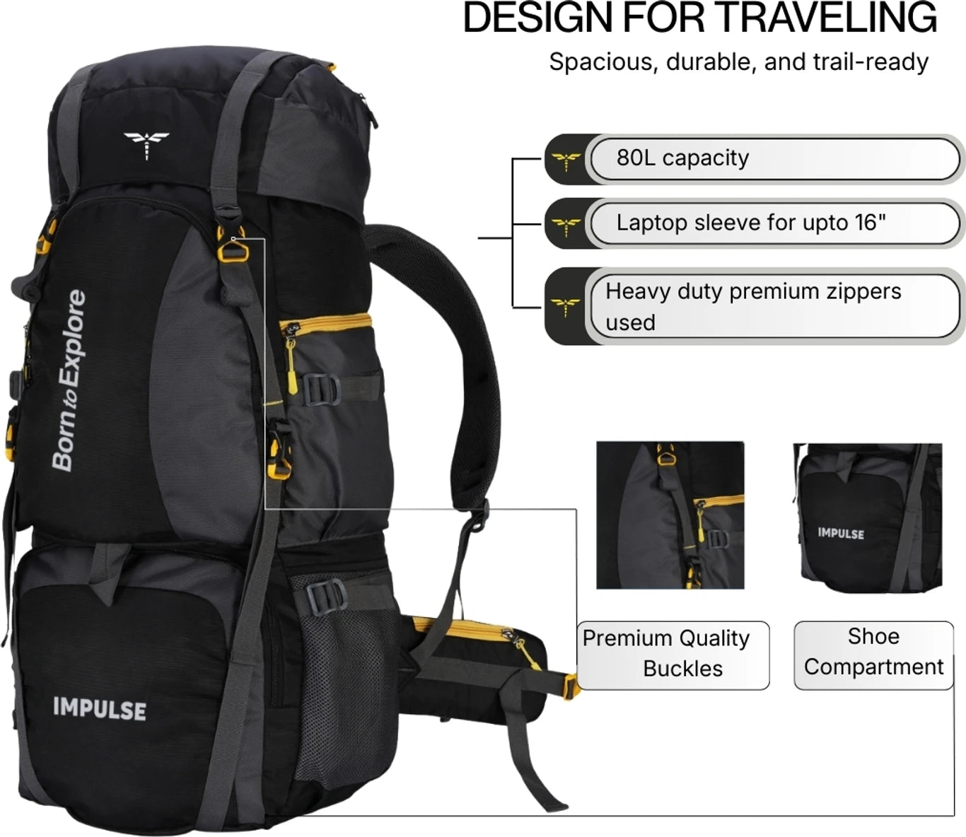 IMPULSE 80 Litres Curve Water Resistant Tour Travel Rucksack  - 80 L
