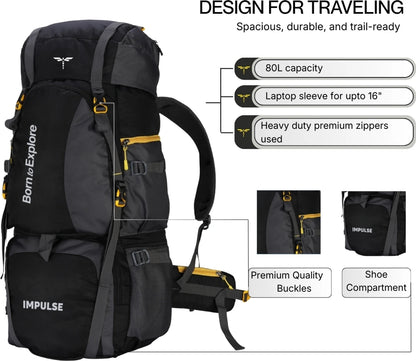 IMPULSE 80 Litres Curve Water Resistant Tour Travel Rucksack  - 80 L
