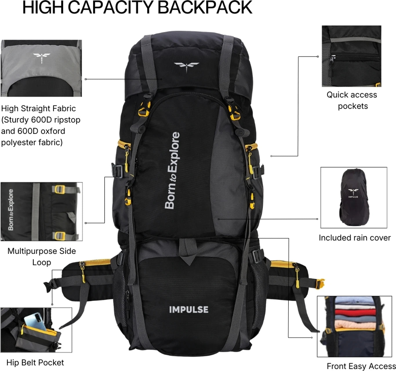 IMPULSE 80 Litres Curve Water Resistant Tour Travel Rucksack  - 80 L