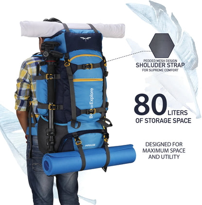 IMPULSE 80 Litres Keep Discovering Heavy Waterproof Rucksack Trekking Hiking Camping Outdoor Camps Luggage Bags Tour Travel Backpack with Rain Cover Rucksack  - 80 L (Blue)