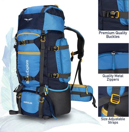 IMPULSE 80 Litres Keep Discovering Heavy Waterproof Rucksack Trekking Hiking Camping Outdoor Camps Luggage Bags Tour Travel Backpack with Rain Cover Rucksack  - 80 L (Blue)