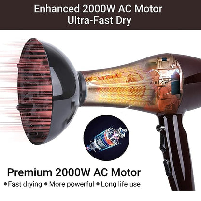 AGARO HD-1120 2000 Watts Professional Hair Dryer with AC Motor, Concentrator, Diffuser, Comb, Hot and Cold Air, 2 Speed 3 Temperature Settings with Cool Shot For both Men and Women, Black