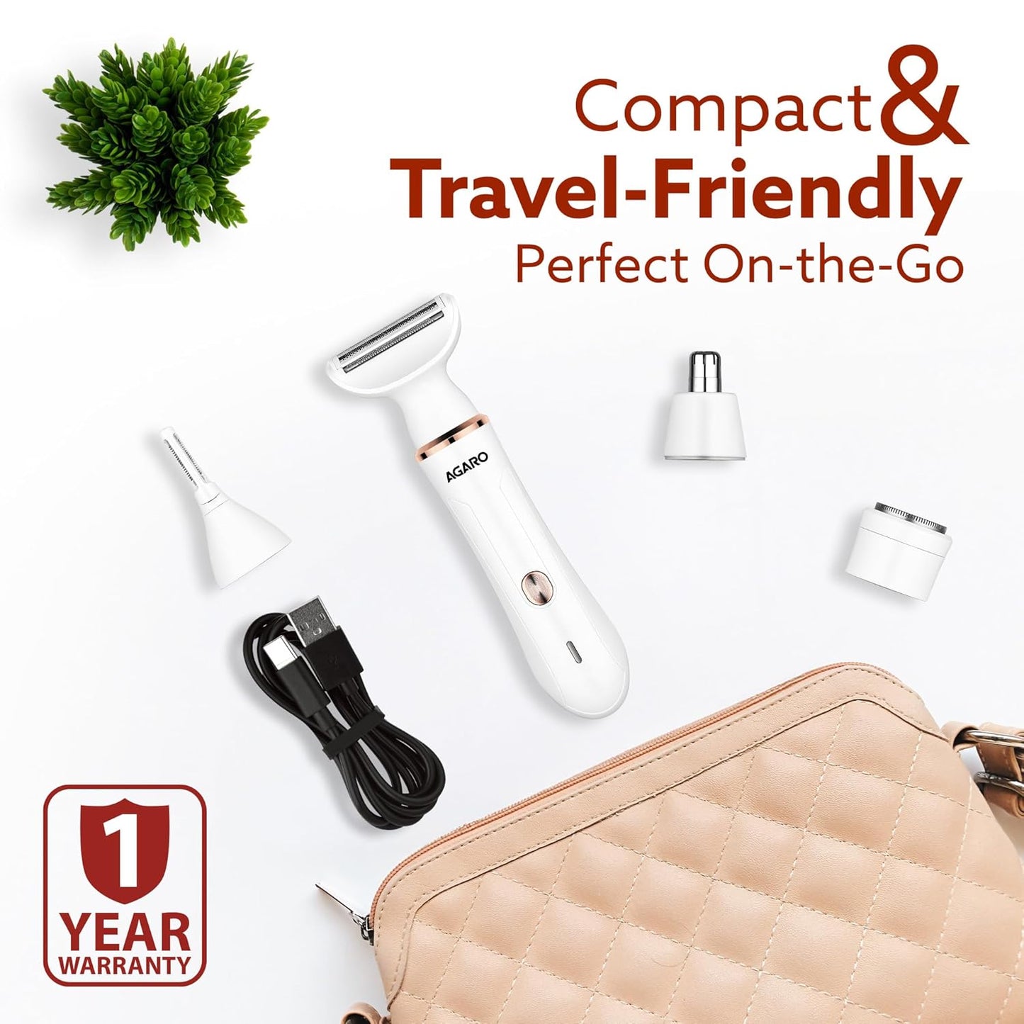 AGARO Female Multi Trimmer – Facial Hair Removal Machine, Bikini Trimmer, Eyebrow & Nose Hair Trimmer Painless body hair trimming Type-C charging, up to 90 minutes runtime, White 3117