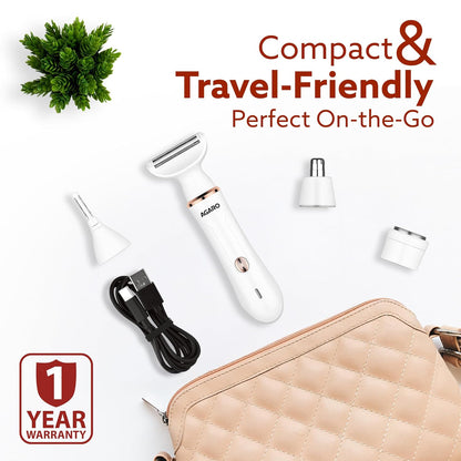 AGARO Female Multi Trimmer – Facial Hair Removal Machine, Bikini Trimmer, Eyebrow & Nose Hair Trimmer Painless body hair trimming Type-C charging, up to 90 minutes runtime, White 3117