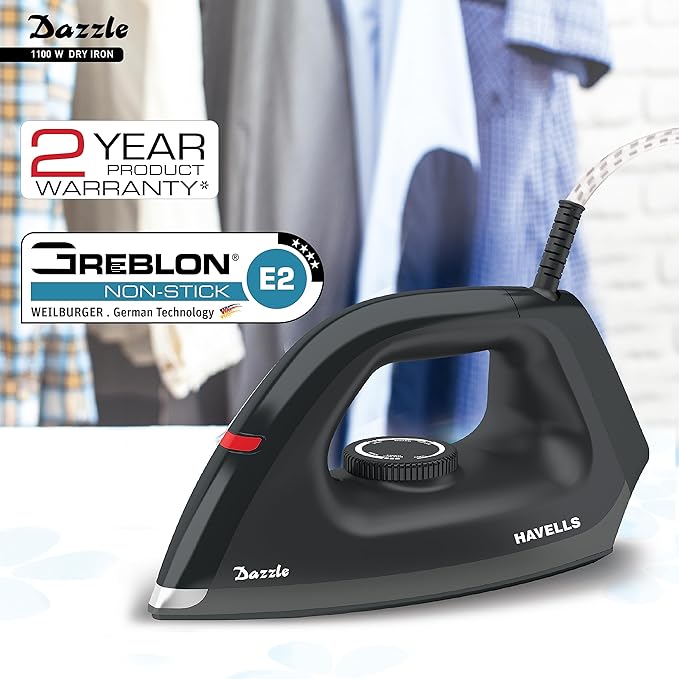 HAVELLS Plastic Dazzle 1100W Dry Iron Press German Technology Non Sick Coated Sole Plate & 2 Yrs Warranty (Black), 1100 Watts