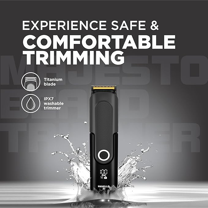 Havells Majesto Beard Trimmer BT8888|IPX7 Fully Washable|Trimmer for Men|With 40 Length Settings|Titanium Blade|For No Nicks & Cuts|Digital Display|Dual Speed Mode|Turbo Charge with 120 mins run time