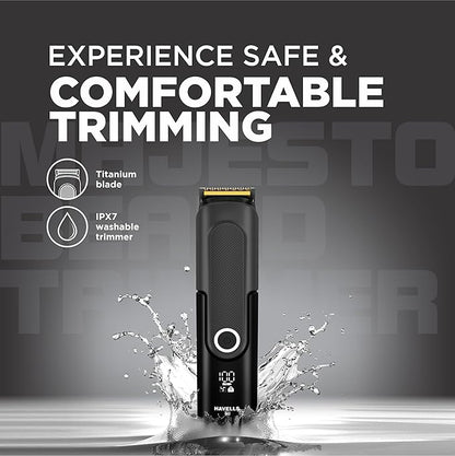 Havells Majesto Beard Trimmer BT8888|IPX7 Fully Washable|Trimmer for Men|With 40 Length Settings|Titanium Blade|For No Nicks & Cuts|Digital Display|Dual Speed Mode|Turbo Charge with 120 mins run time
