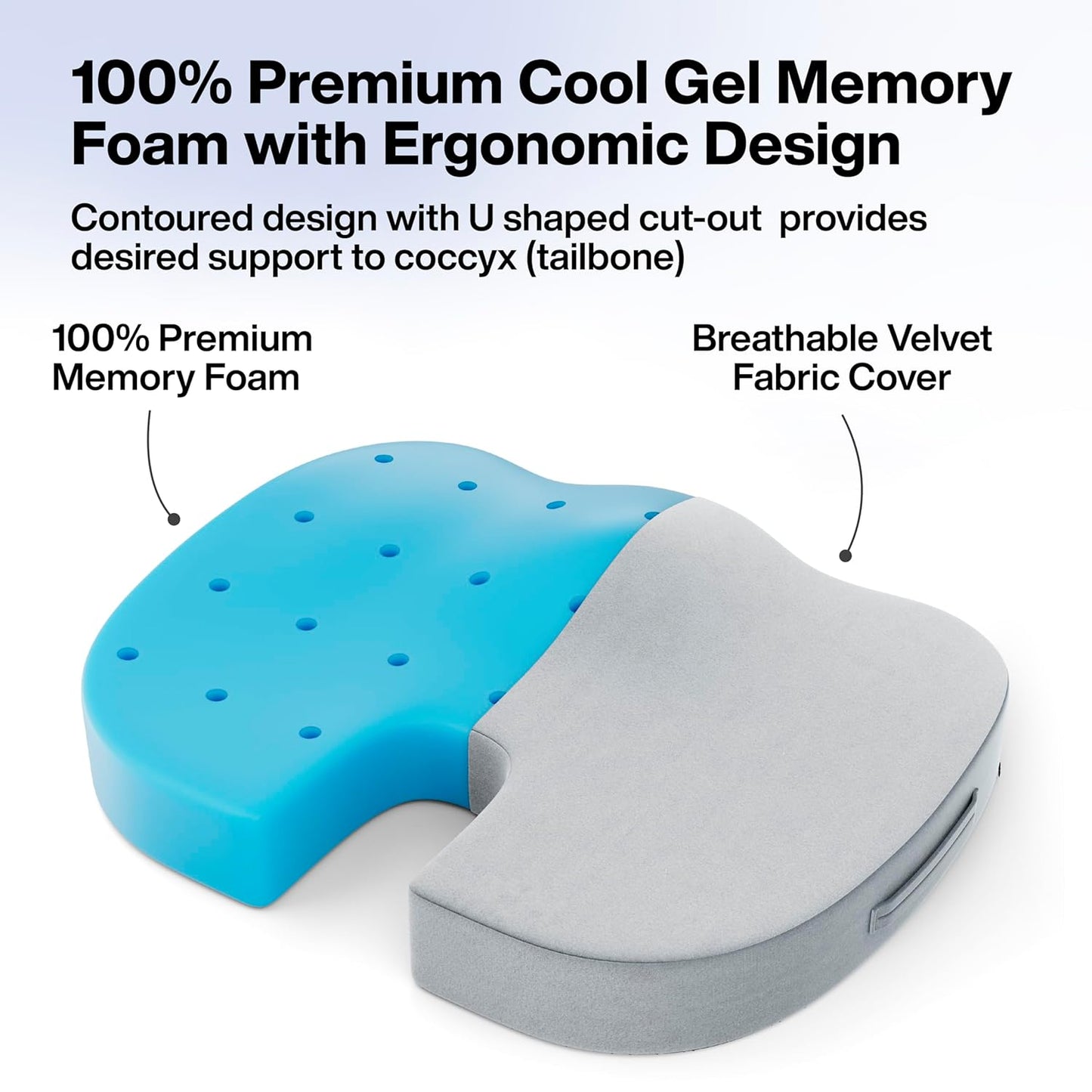 FOVERA Memory Foam Coccyx Seat Cushion for Tailbone Pain | 2 Years Warranty | Sciatica, Back Pain Relief - Orthopedic Chair Cushions for Sitting for Office Chair (Medium, Velvet Grey)