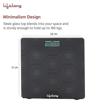 Lifelong LLWS18 Digital Weighing Scale|Glass Weighing Scale Machine|Electronic Bathroom Scales & Weight Machine for Home & Human Balance & Battery included (Black)