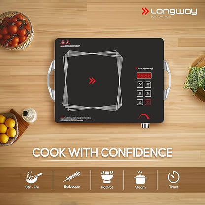Longway Infralite Pro 2200W Infrared Induction Cooktop with Steel Grill Rack, Crystal Glass Top, Touch Panel & Digital Display, 4 Preset Modes – Stir Fry, BBQ, Hot Pot & Steam, Black