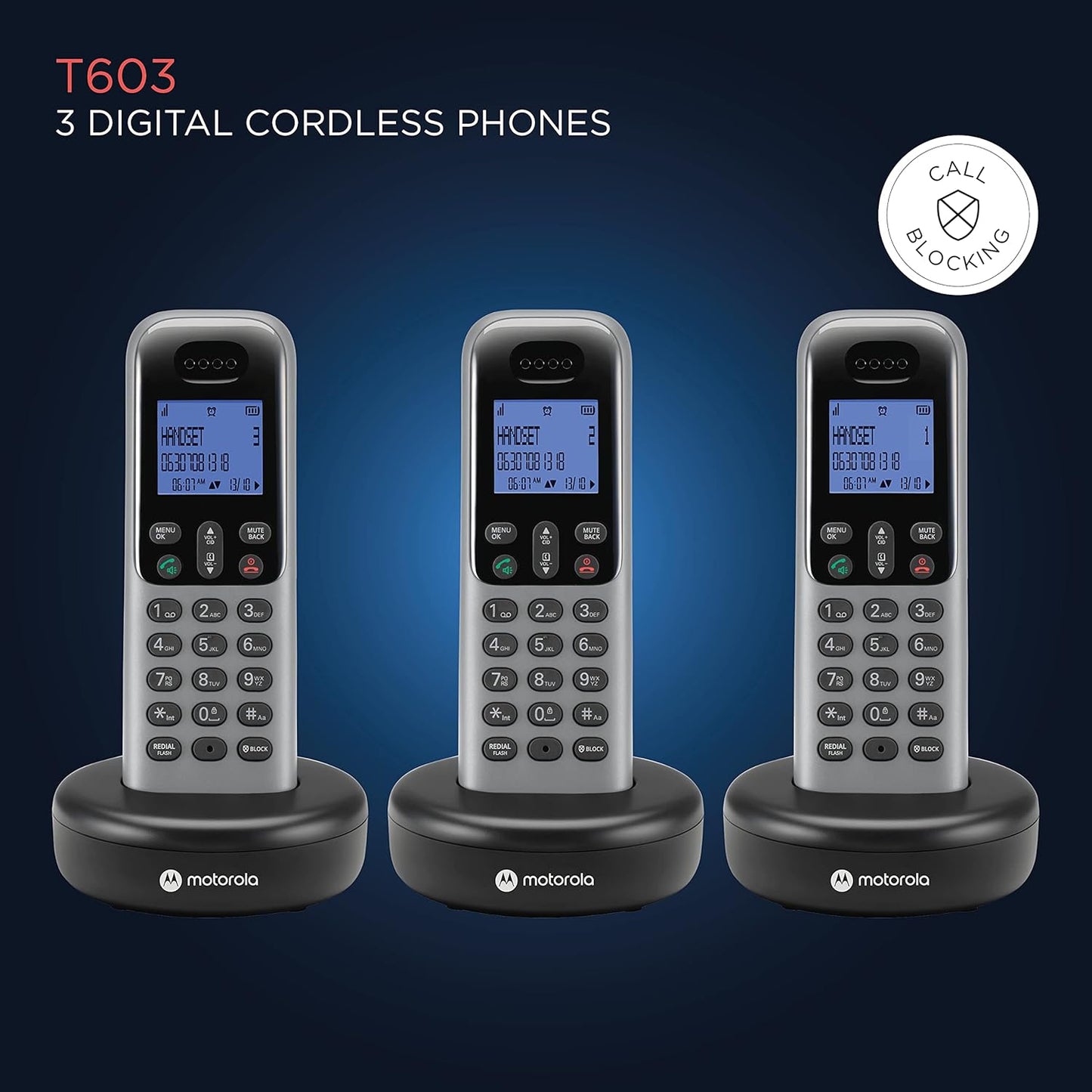 MOTOROLA T603 Cordless Phone System w/3 Digital Handsets, Speakerphone, and Call Block Cordless Landline Phone (Dark Grey)